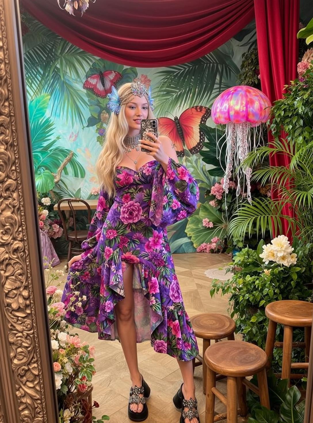 Jungle Room Selfie Purple Floral Dress Silver Choker