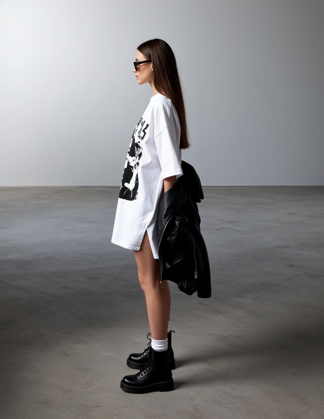 Minimalist Fashion Portrait White T Shirt Dress Leather Jacket