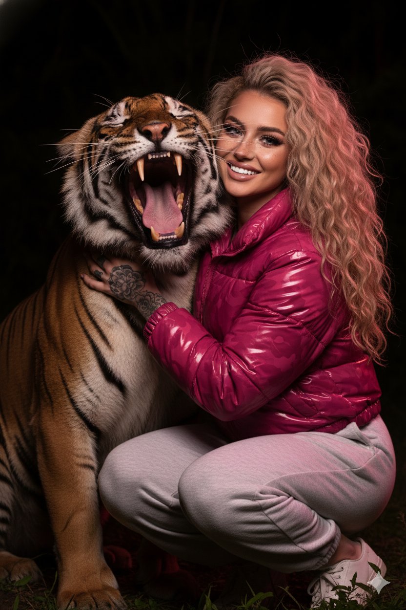 A confident young woman squatting beside a roaring Bengal tiger at night, adorned in a glossy pink puffer jacket and camo sweatpants.