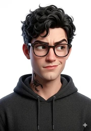 Pixar Style Character Portrait Young Man Dark Hoodie Glasses