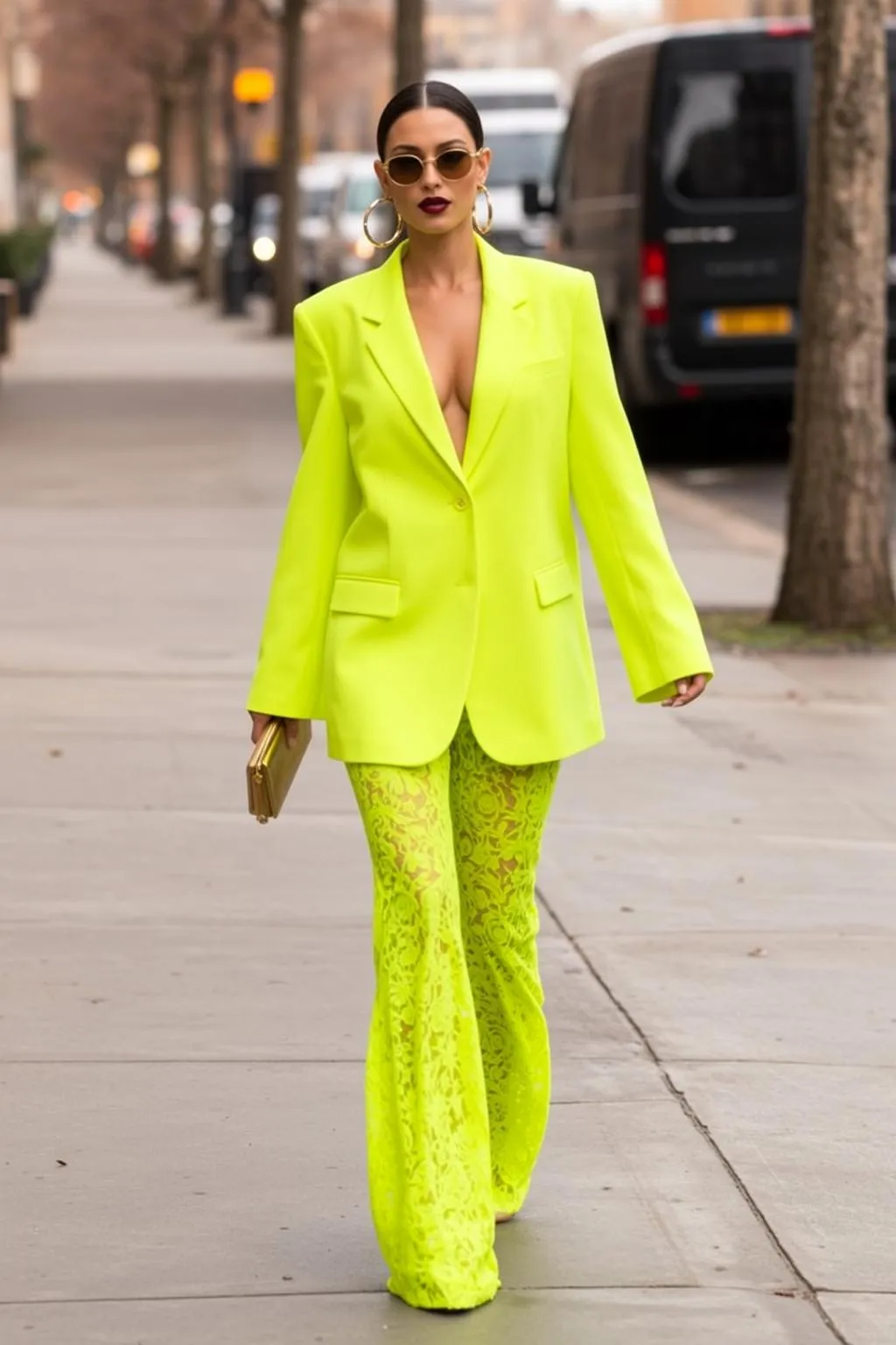 Sunglasses With Neon Bell Bottoms On A City Street
