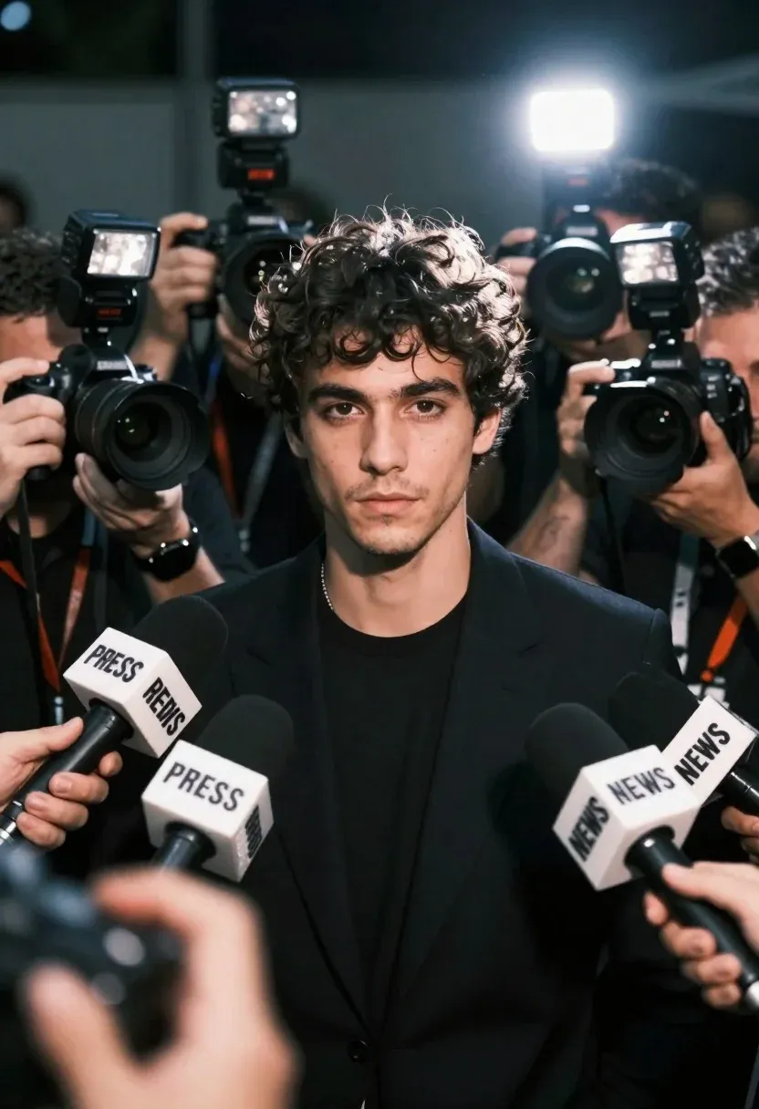 Young Man With Dark Curly Hair Stands The Center Chaotic