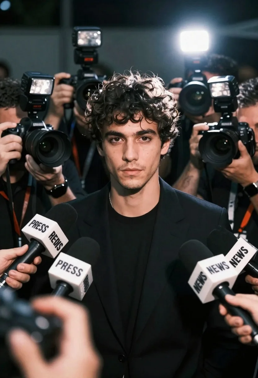 A young man with dark curly hair stands confidently in the center of chaotic media photographers, serious expression in a multi-flash lit scene.