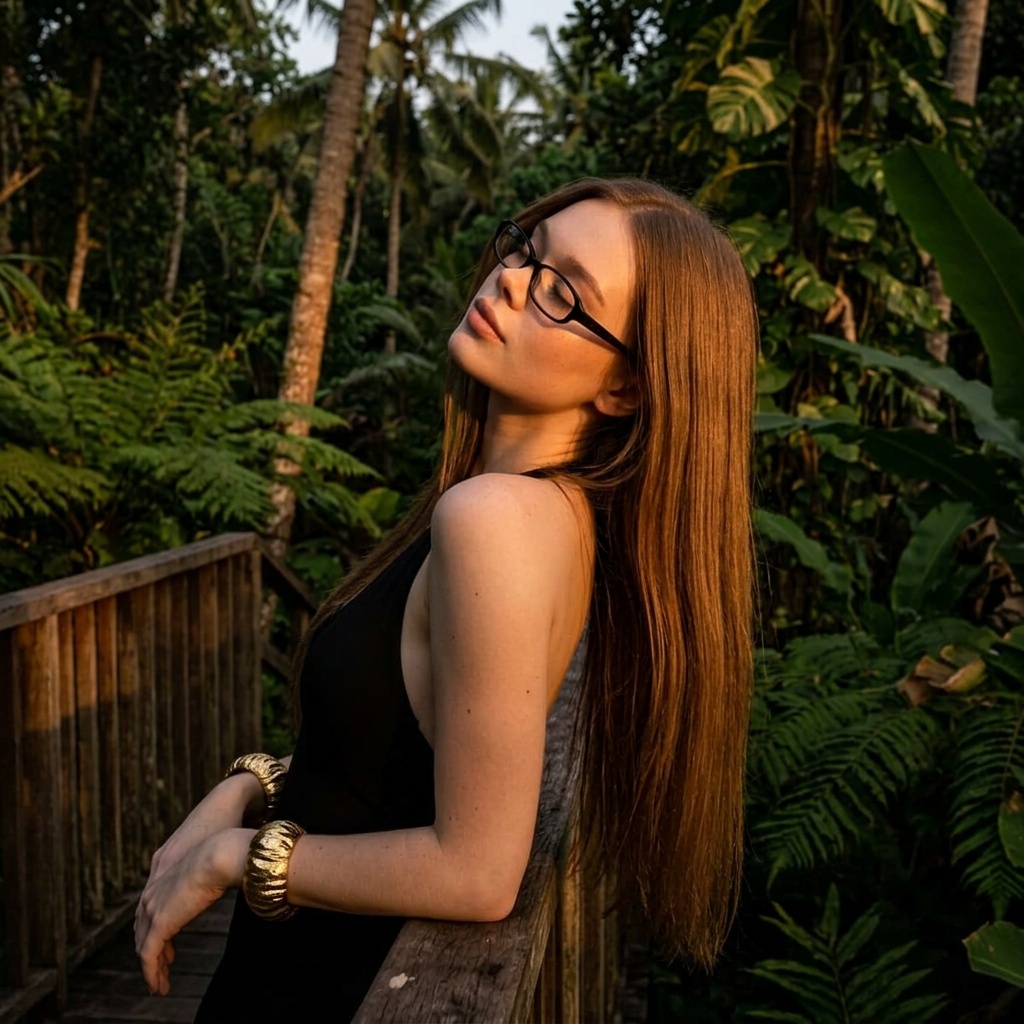 Tropical Twilight Woman Leaning On Railing Silhouette