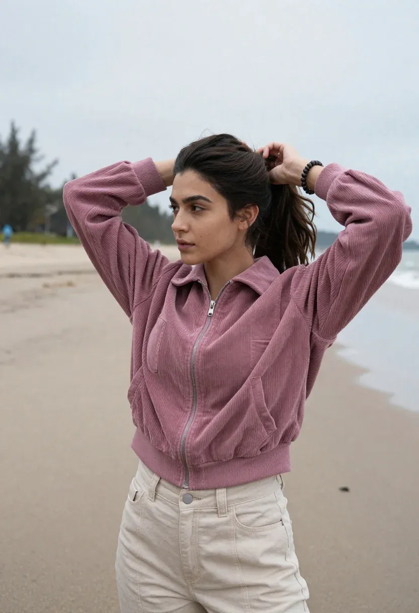 Young Woman With Dark Hair Stands Wide Sandy Beach Adjusting