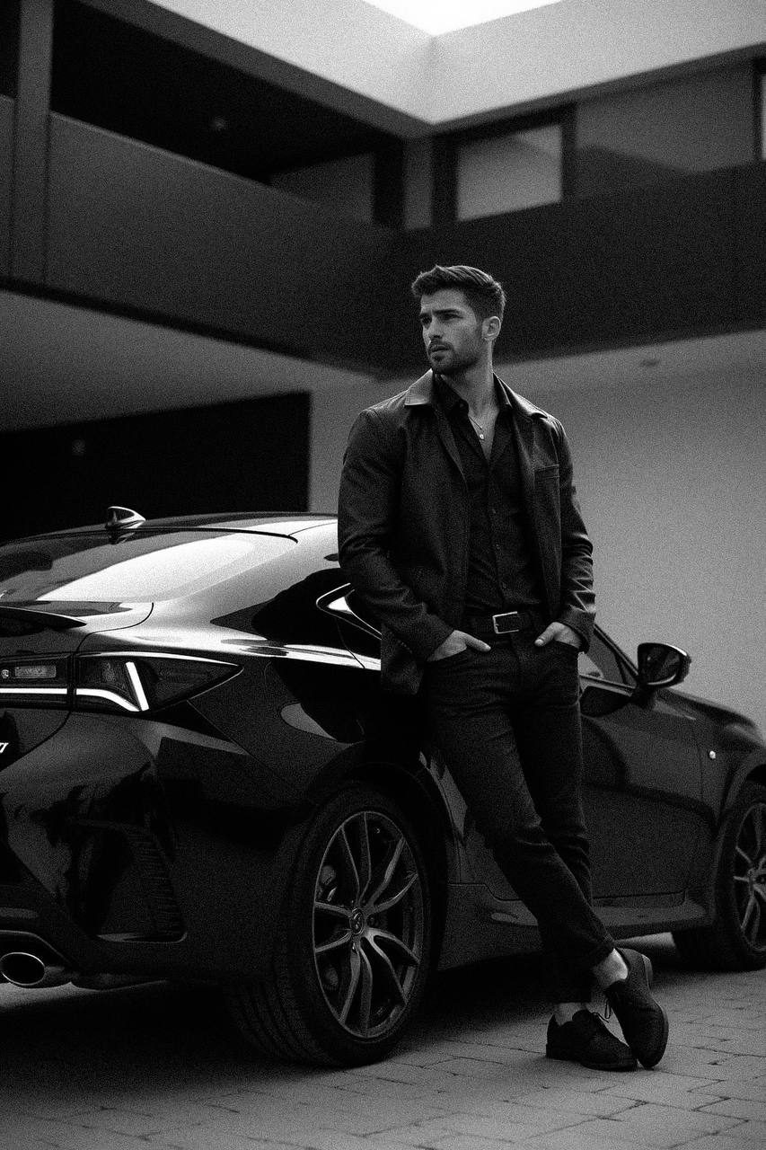 Cinematic portrait of a man in a leather jacket leaning against a Lexus RC F, showcasing a stylish and confident pose.