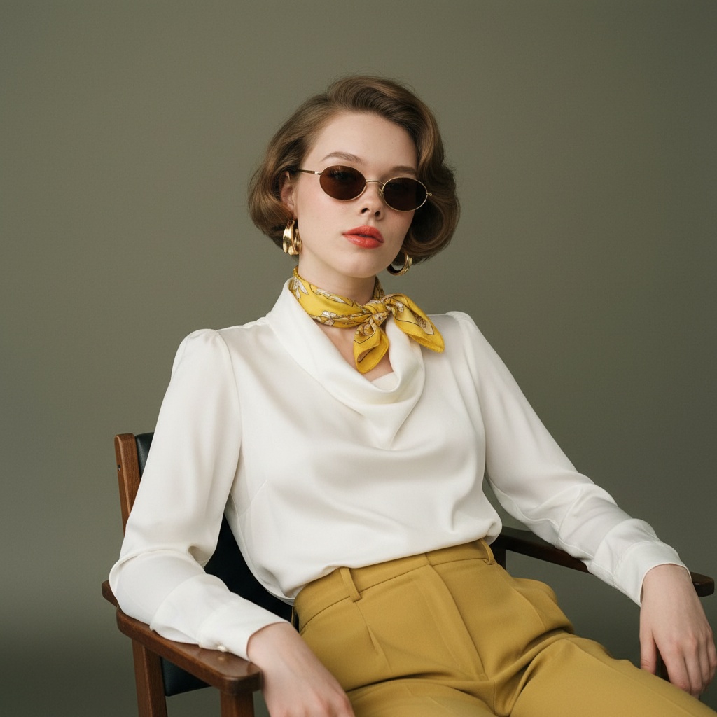 A stylish woman in 90's fashion seated on a dark wooden chair, showcasing retro vibes in a chic portrait.