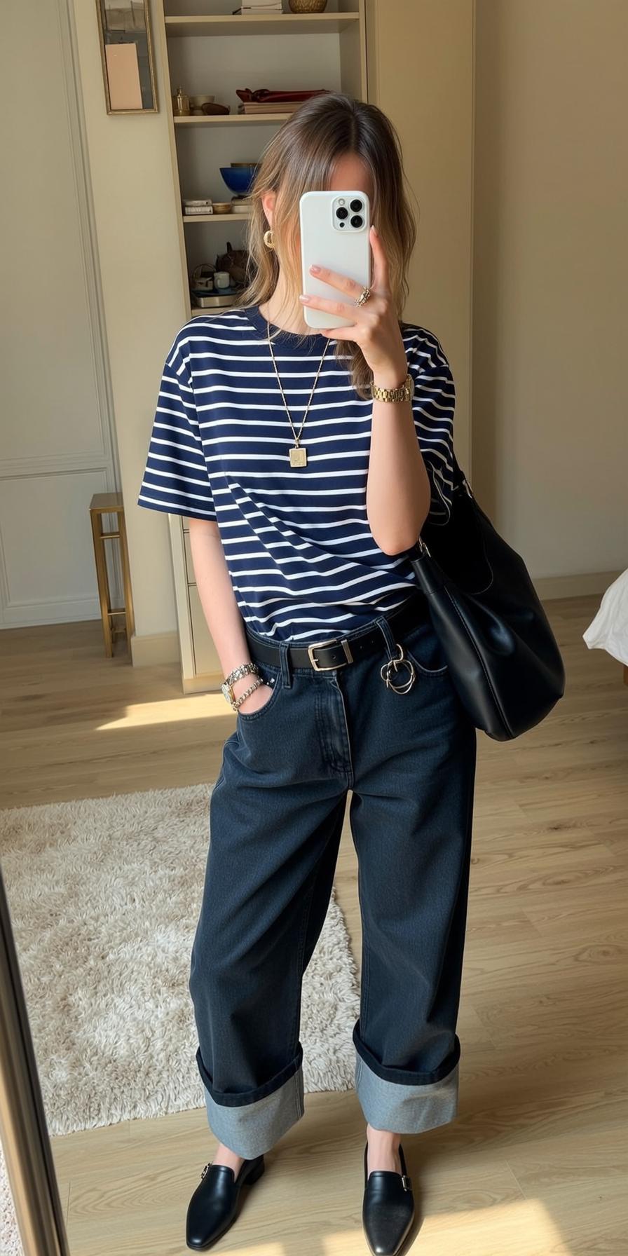 Striped Tee Jeans Mirror Selfie