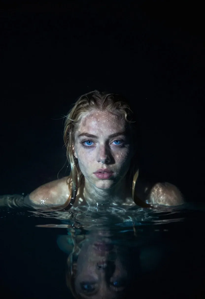 Cinematic Underwater Portrait Woman Emerging From Dark Water With Wet