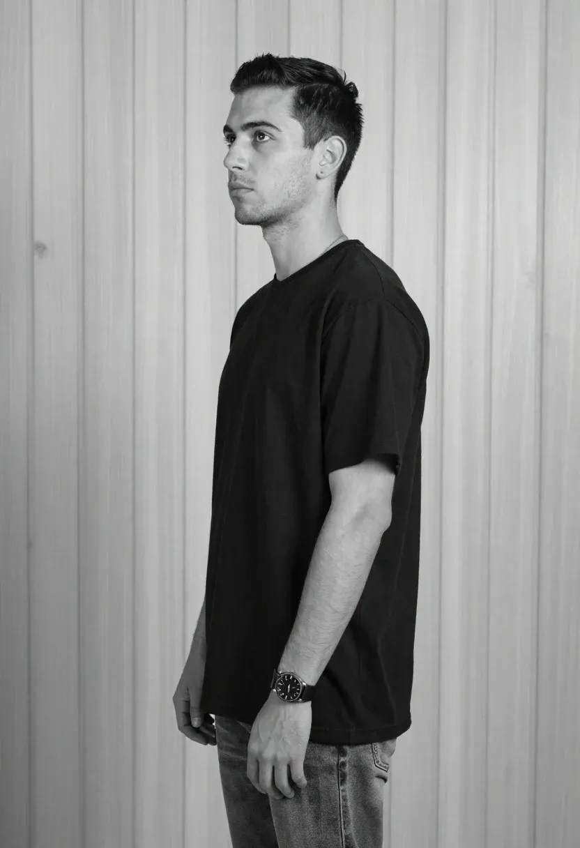 Medium And Scene Black-and-white Studio Portrait Young Man Profile Against