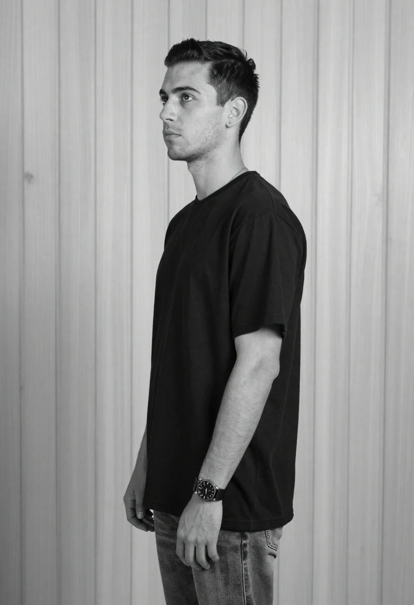 Medium And Scene Black-and-white Studio Portrait Young Man Profile Against reference photo
