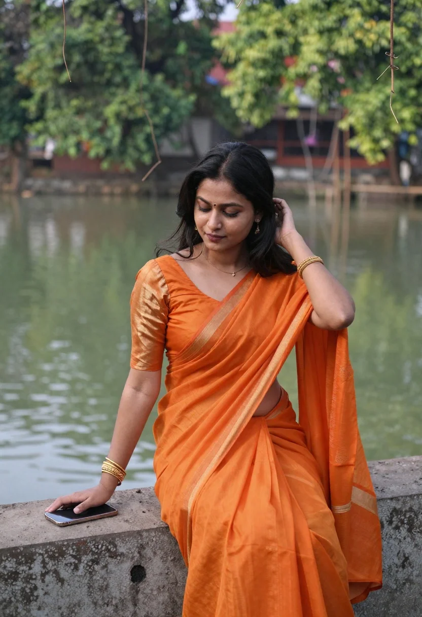 Woman Vibrant Orange Saree Sits Gracefully Textured Concrete Ledge Beside reference photo