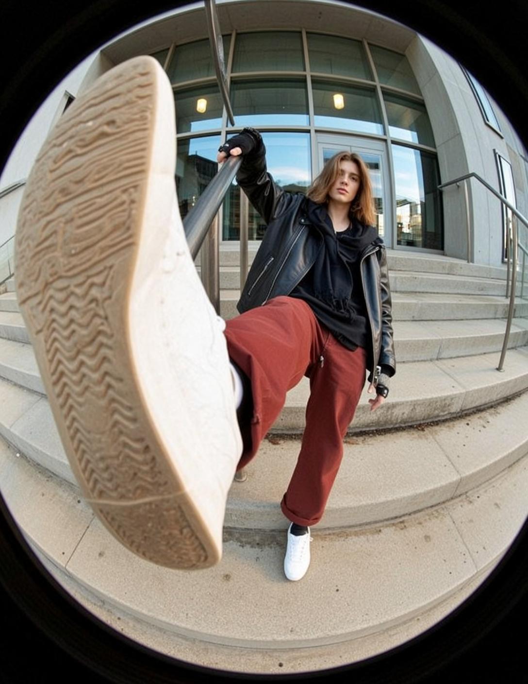 Leather Jacket Stair Rail Pose