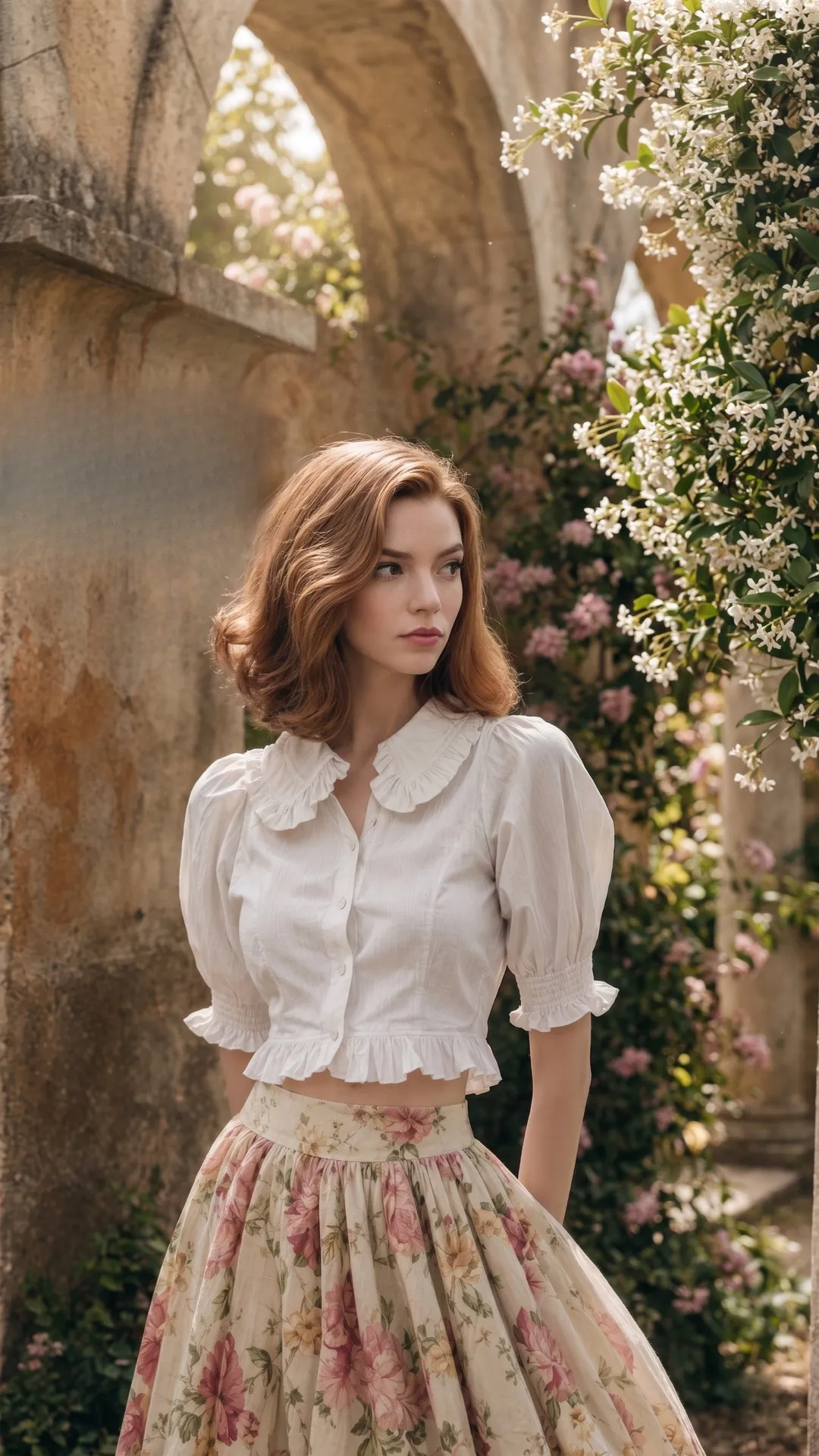 Garden White Floral Skirt Stone Arch Vines