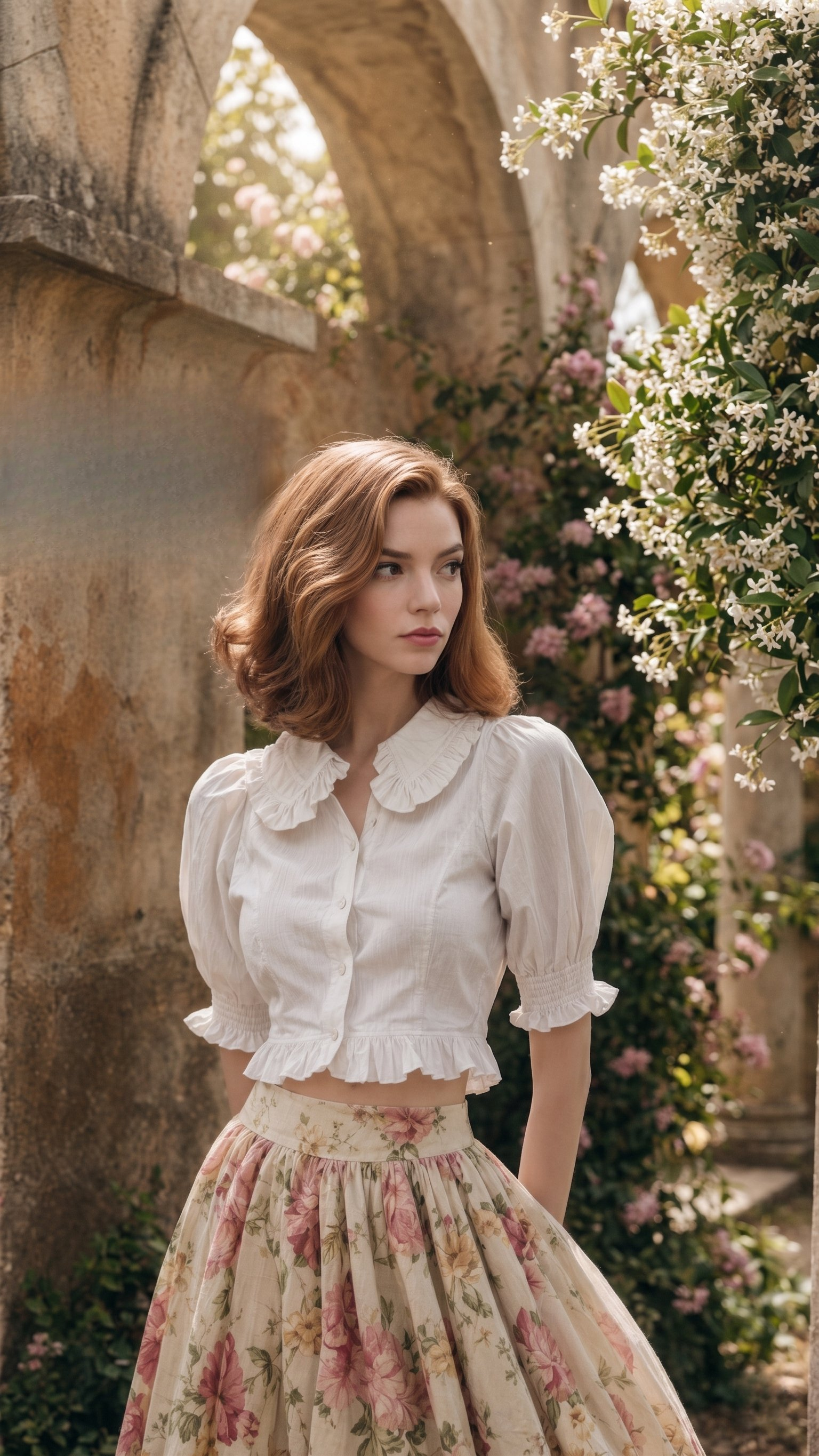 A woman in a white cropped blouse and floral skirt standing by a stone arch, surrounded by blooming vines.