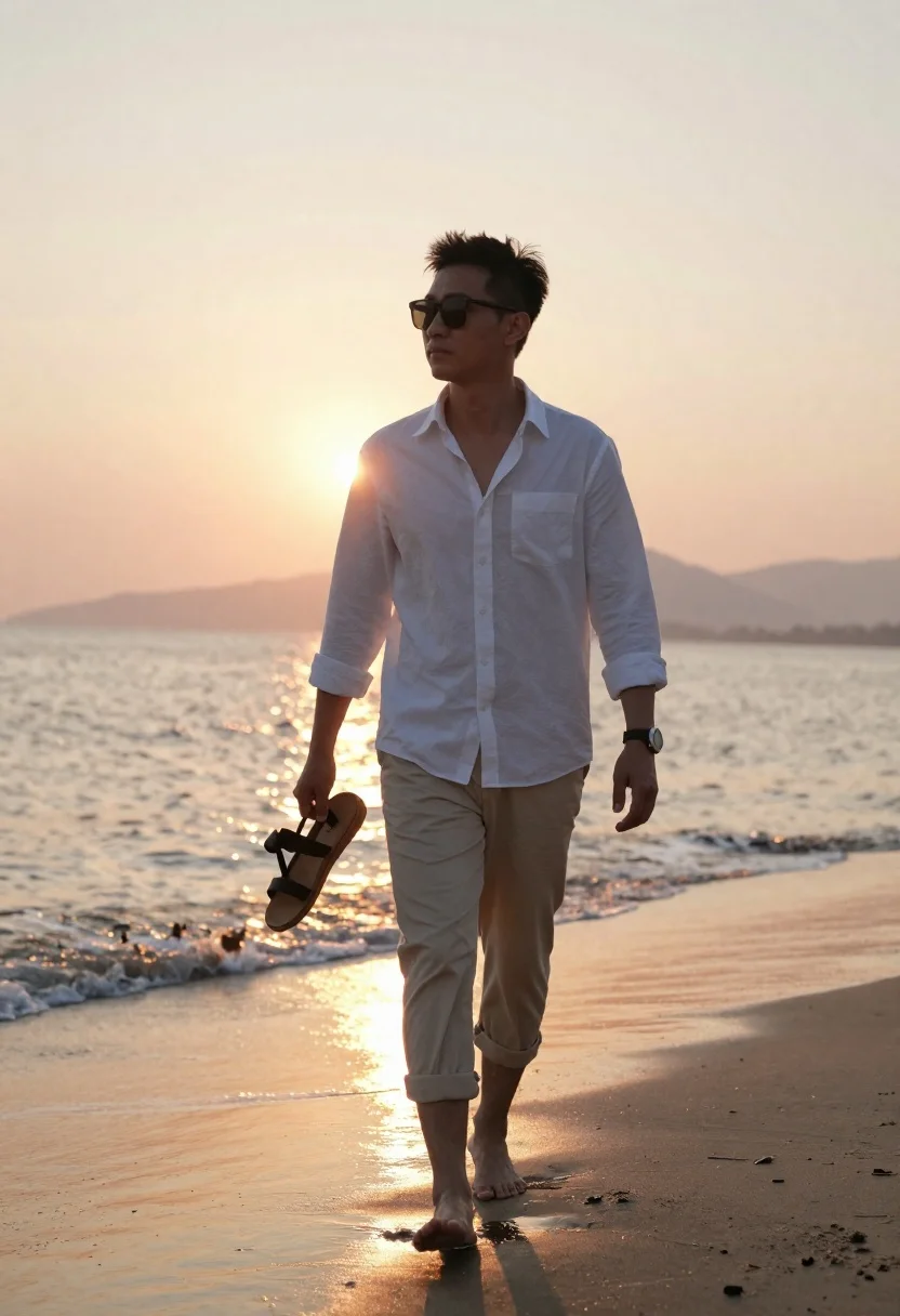 Full-length Shot Asian Man Walking Barefoot Along Wet Beach Sunset reference photo