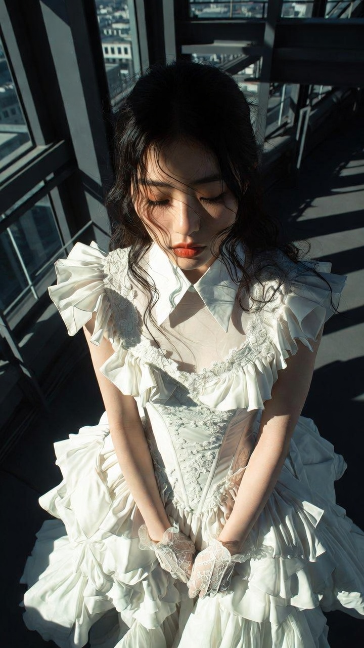 Ruffled White Dress High Angle Cityscape Sunlight Shadows
