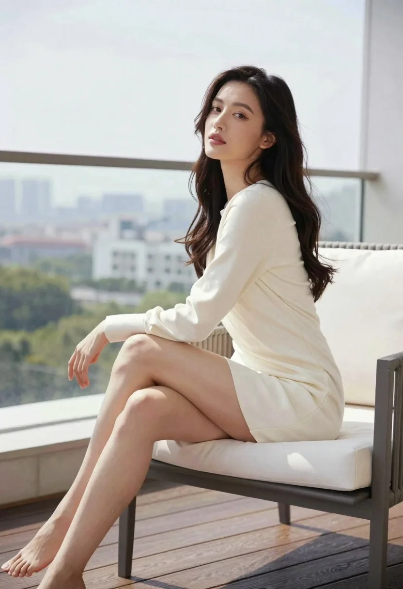 Woman With Long Dark Wavy Hair Sits Elegantly White Cushioned reference photo