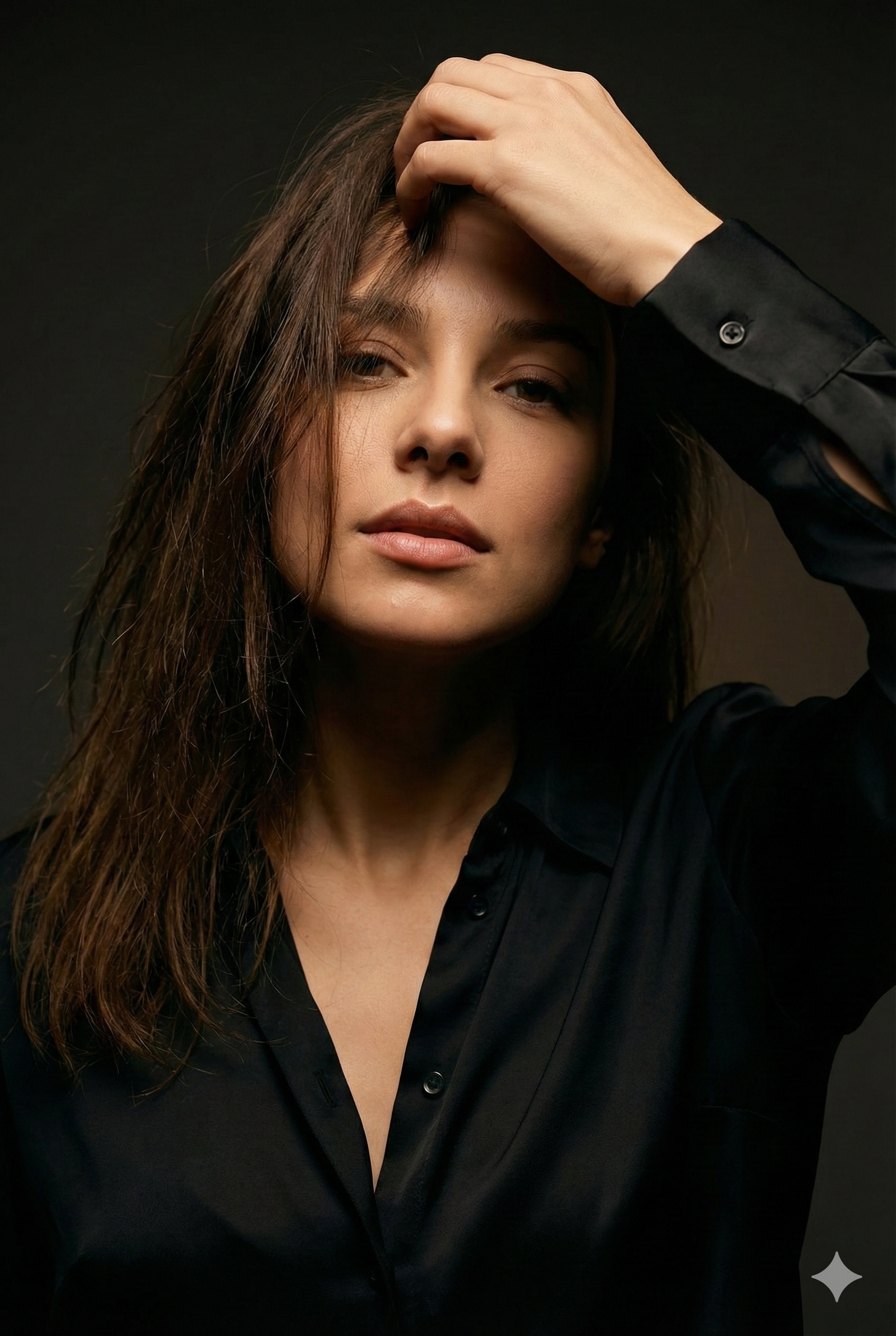 Elegant woman in a black blouse with messy hair, partially obscuring her face under soft amber spotlight.