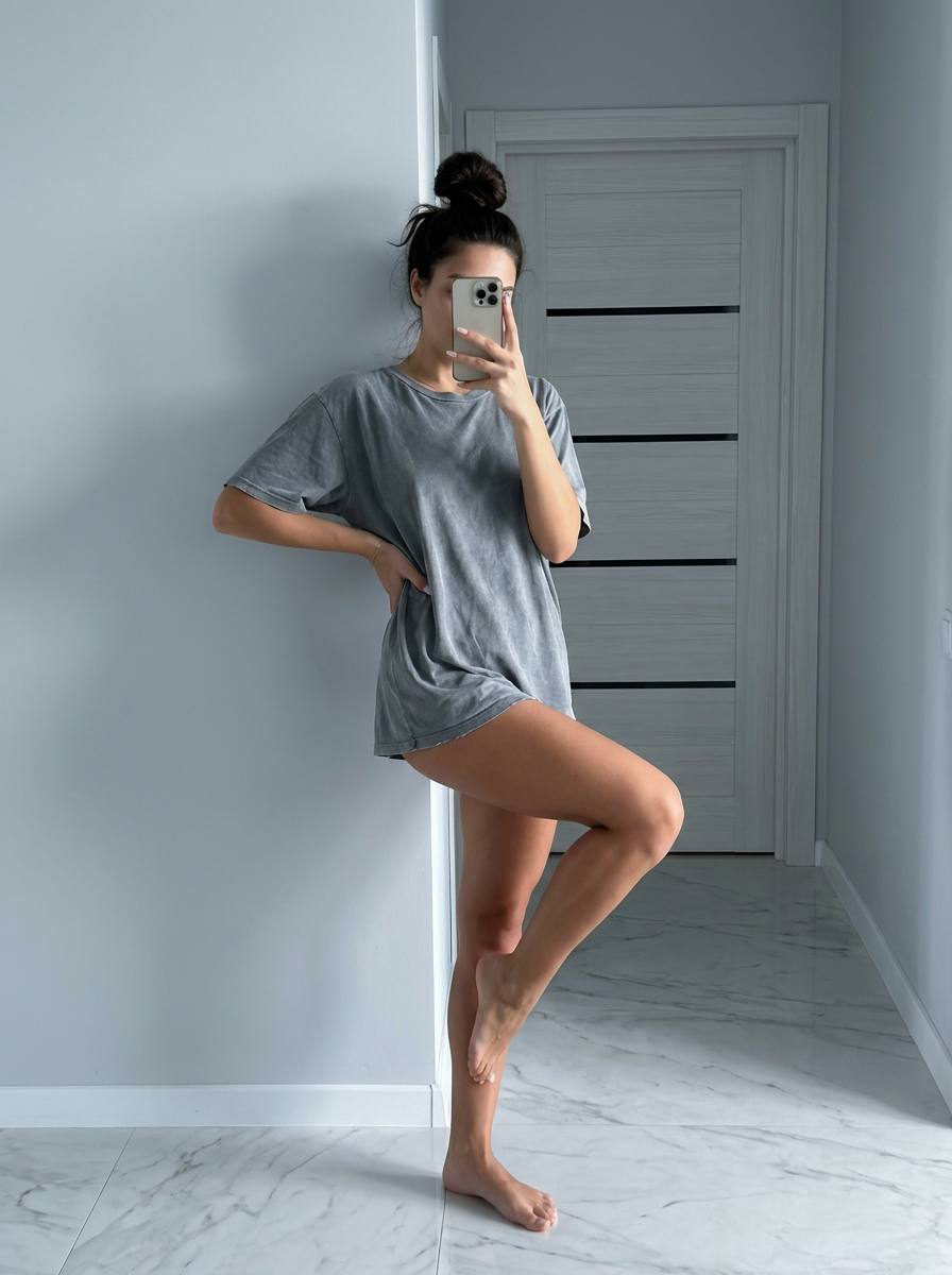 A woman in a relaxed pose, leaning against a wall in a minimalist room with soft lighting.