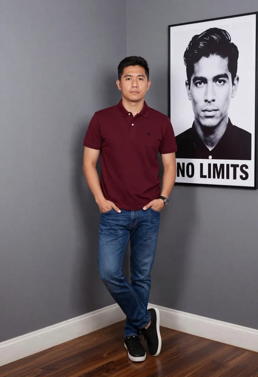 Professional Studio Portrait Young Asian Man Standing Room Corner Against