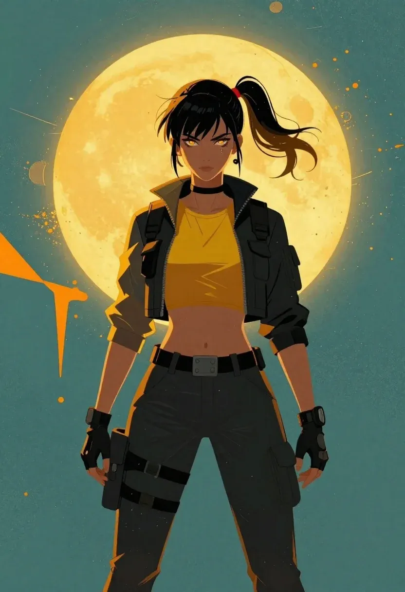 Digital Illustration Young Woman With Dark Hair High Pigtails And