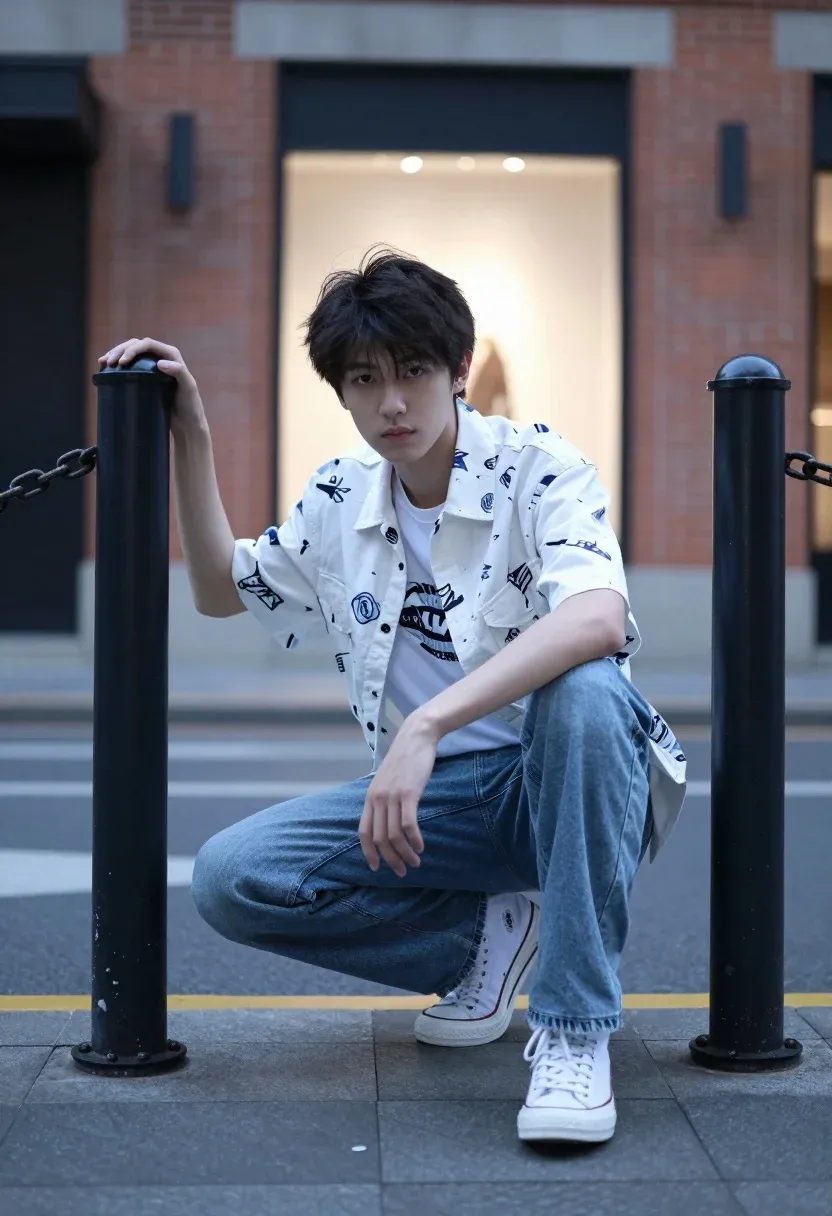 Young Man Crouching Between Two Black Metal Posts With Chains