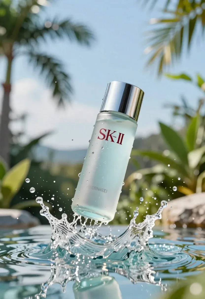 Clear Glass Bottle Skincare Product Suspended Mid-air Amidst Dynamic Splash