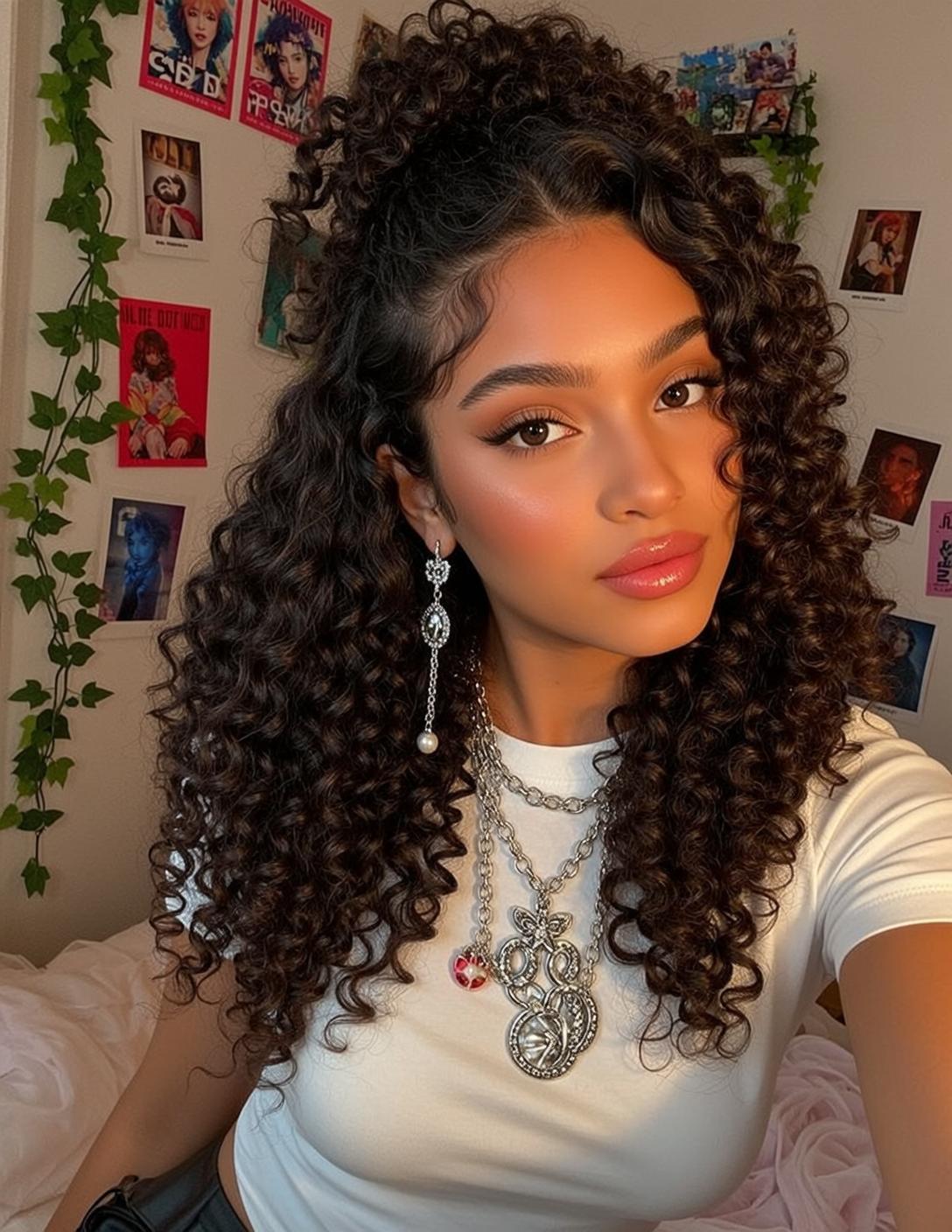 Dark Curly Hair Leather Pants Bedroom