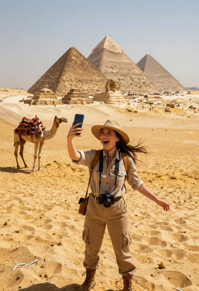 Majestic Egyptian Eternity Selfie Scene Awestruck Tourist Woman Framing The reference photo