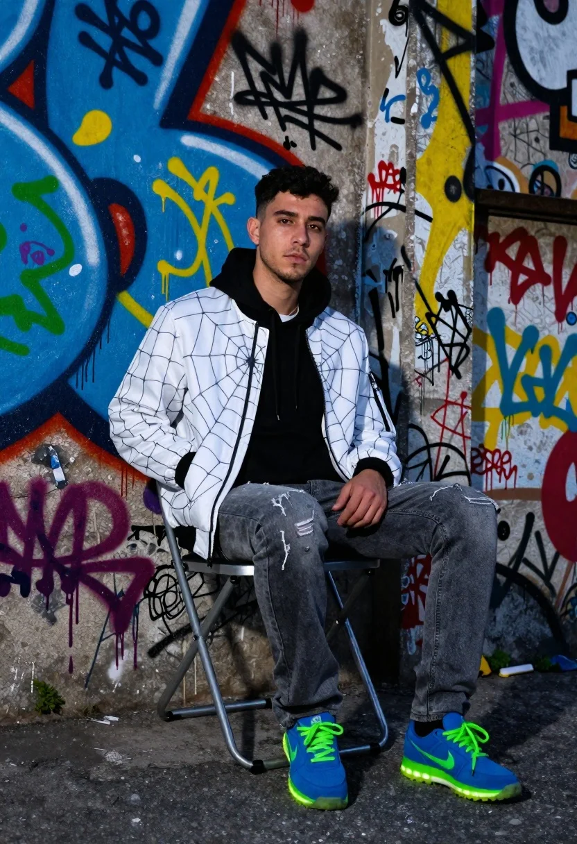 Young Man With Dark Hair Sits Casually Metal Chair Against reference photo