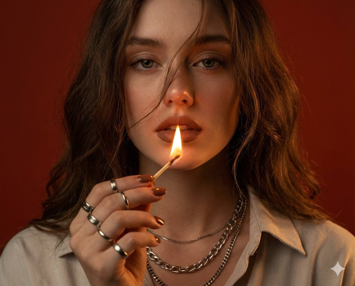 Close-up portrait of a woman holding a lit match, flame illuminating her face with warm light and dramatic shadows.
