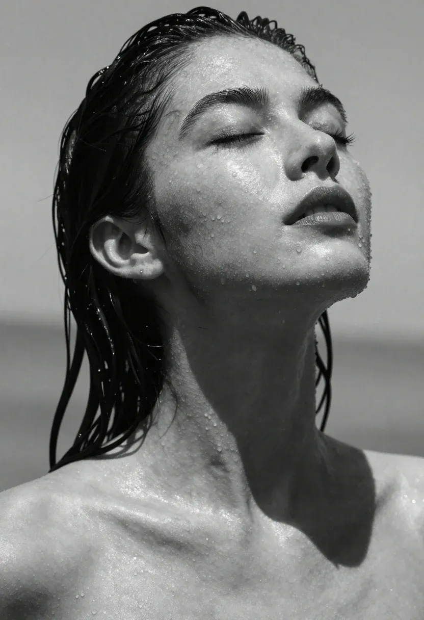 Black And White High-fashion Close-up Portrait Woman With Eyes Closed