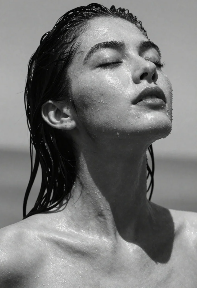 Black And White High-fashion Close-up Portrait Woman With Eyes Closed reference photo