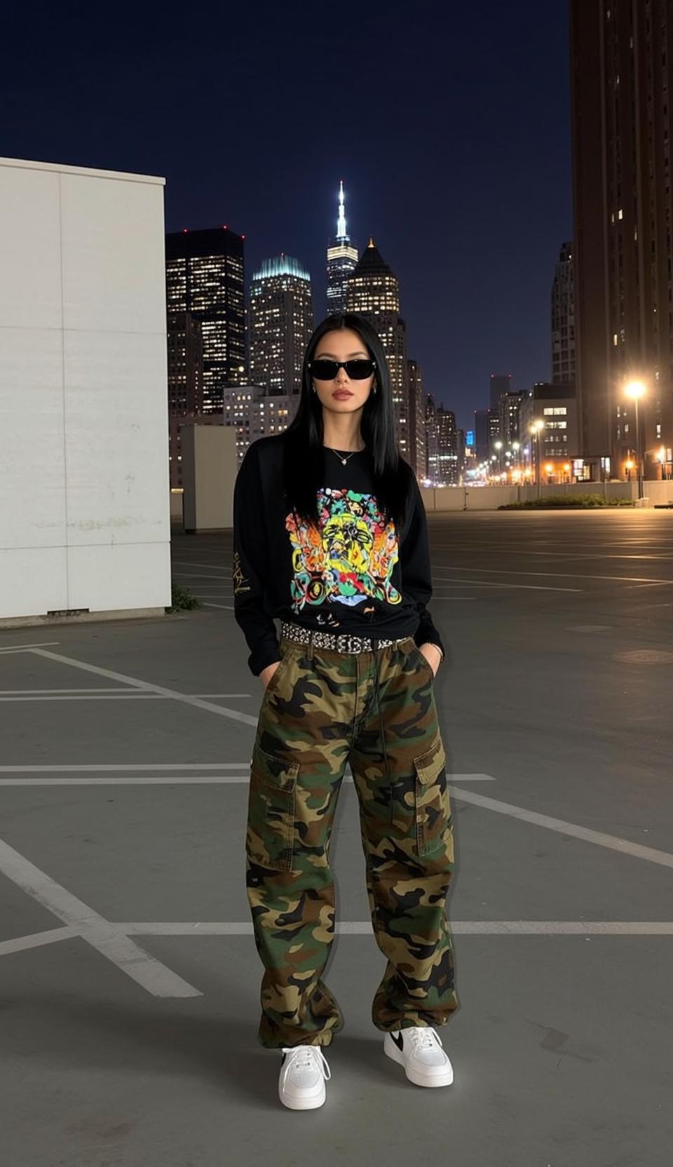 Rooftop Parking Lot Night Urban Woman Black Sweatshirt Camo Pants