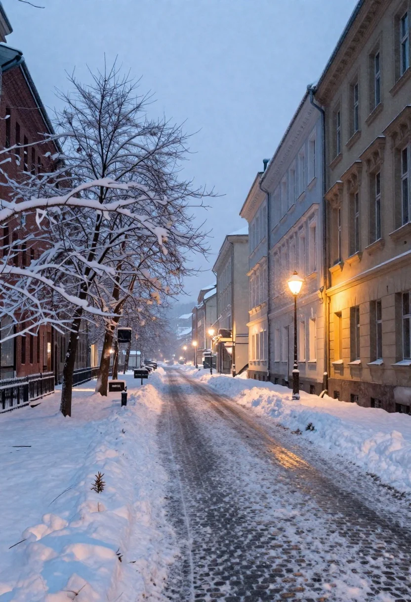 Photorealistic Winter Scene Snow-covered European City Street Dusk Environment Wide reference photo