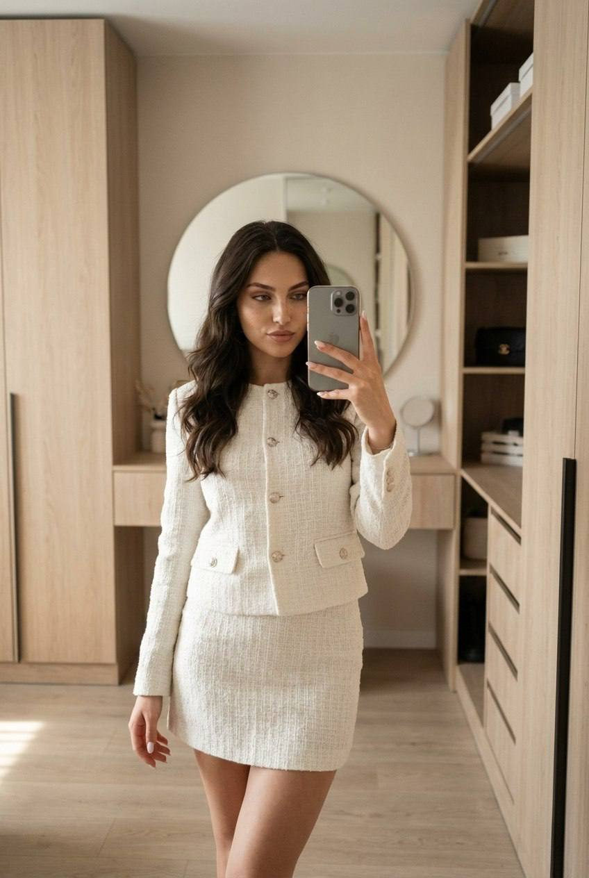 A full body mirror selfie featuring a model in an elegant white tweed suit, holding an iPhone in a modern minimalist room.