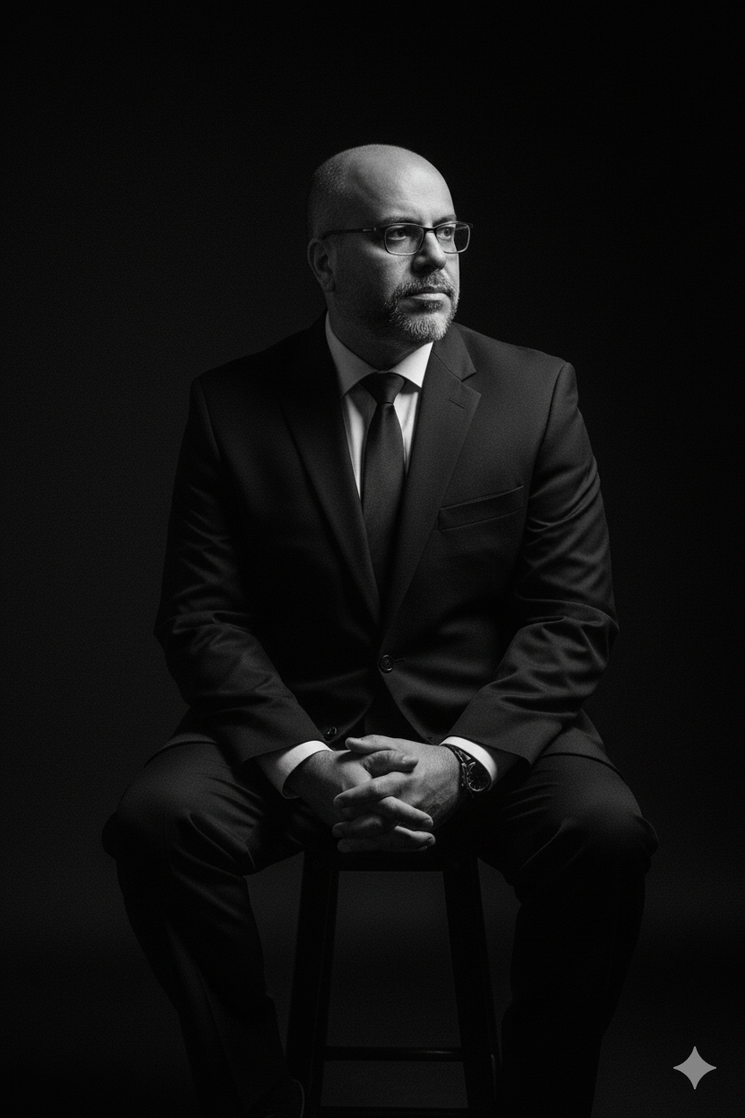 A confident man in a formal black suit sitting on a stool, illuminated by dramatic low-key lighting, casting deep shadows.