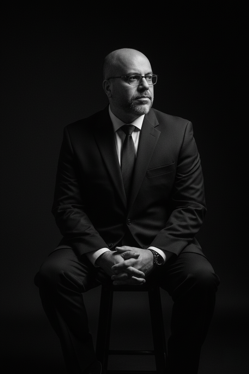 A confident man in a formal black suit sitting on a stool, illuminated by dramatic low-key lighting, casting deep shadows.