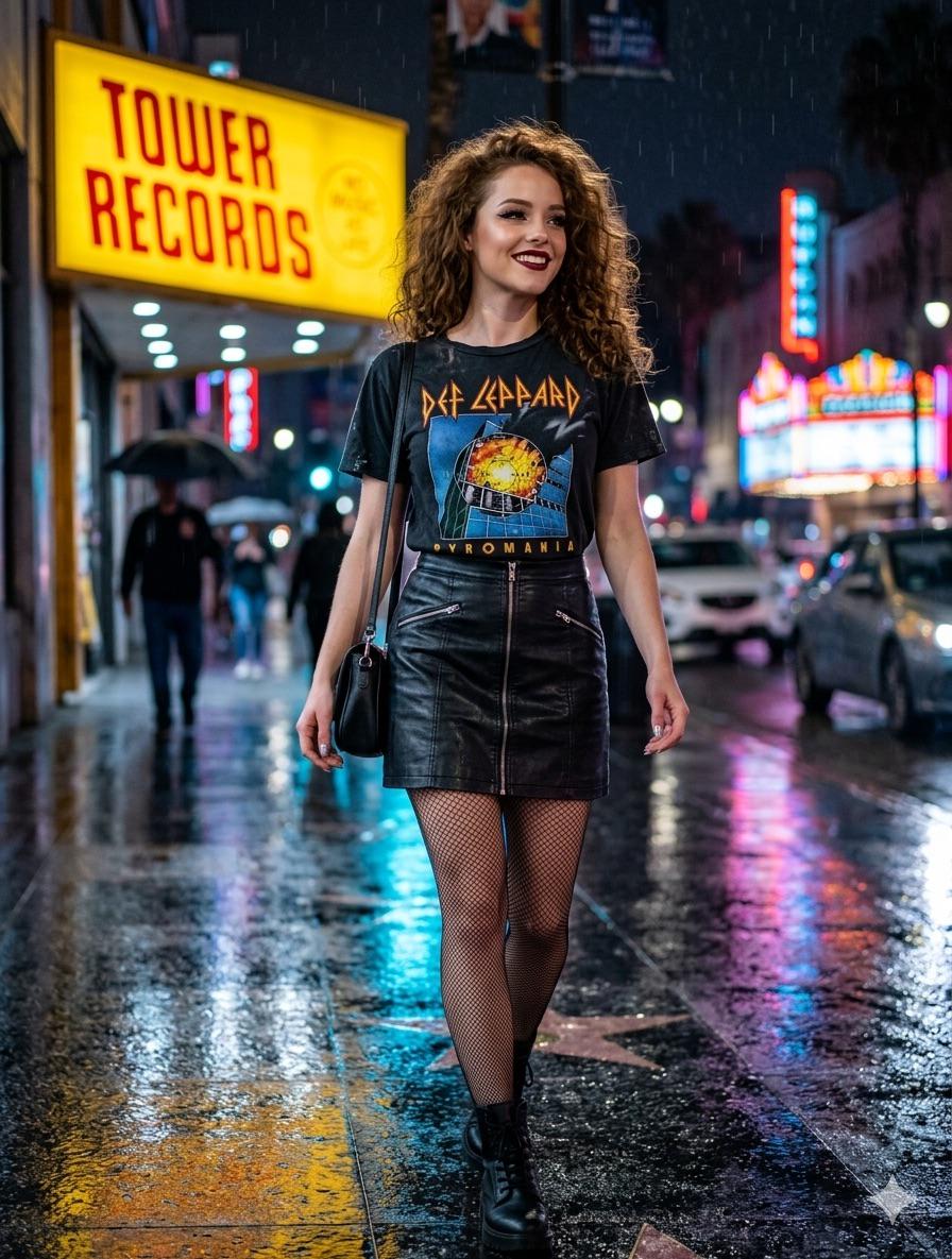 A slim woman with long wavy red hair in a leather skirt and fishnet tights, walking in LA with Tower Records in the background.