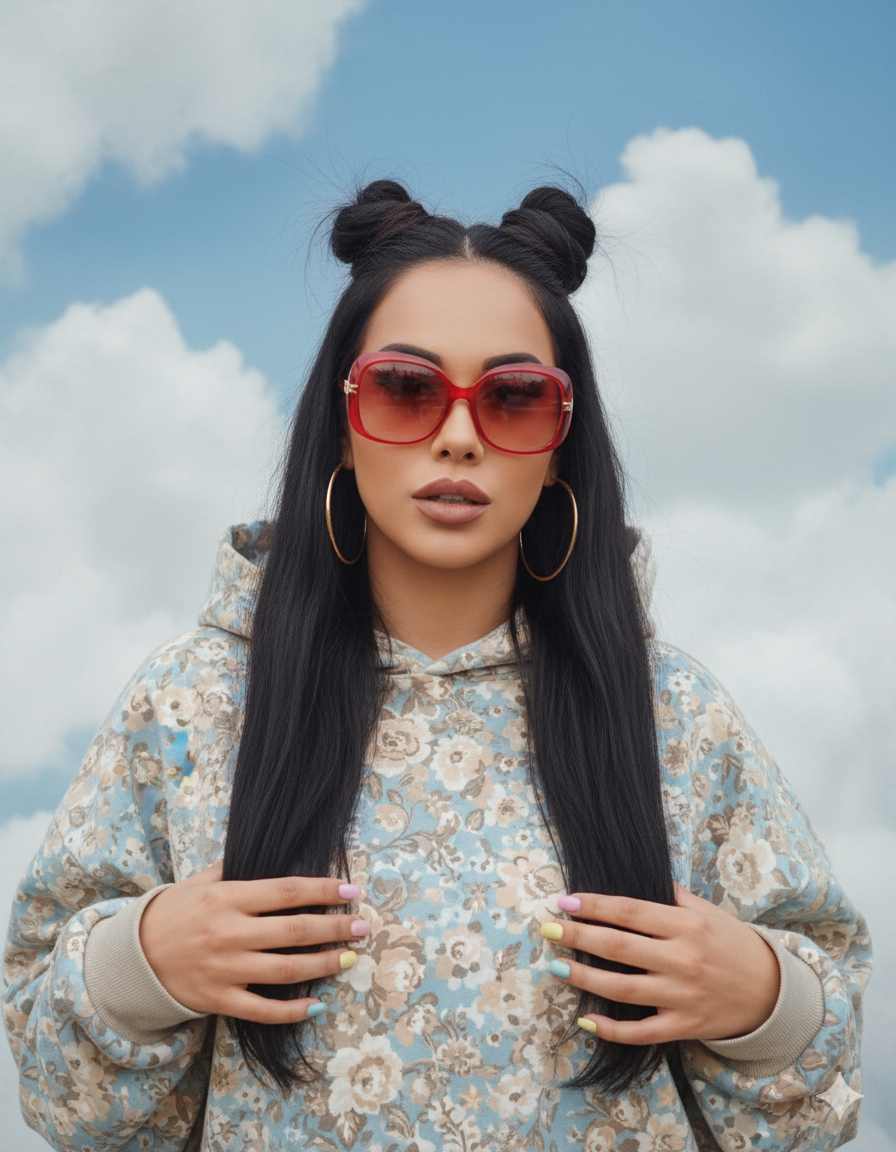 Realistic portrait of a confident woman against a blue sky with fluffy clouds, wearing retro red sunglasses and colorful nails.