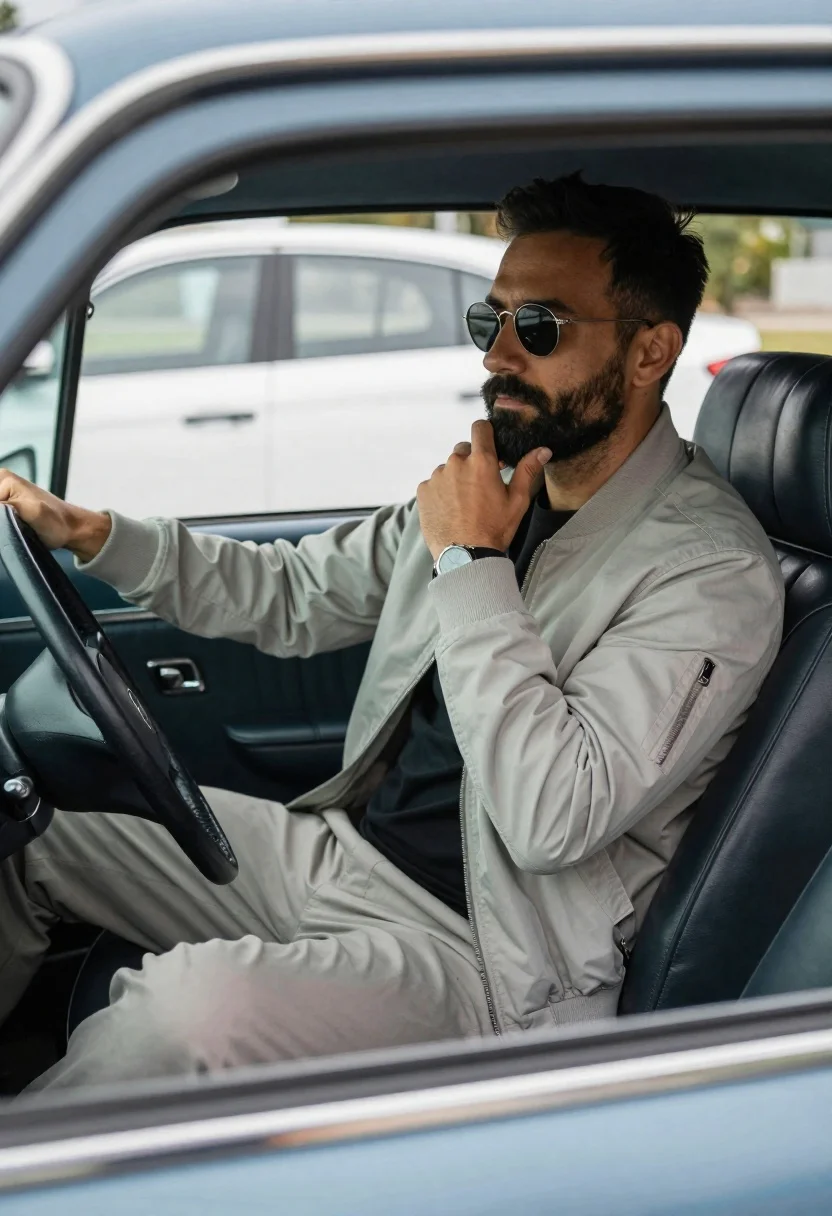 Cinematic Interior Shot Man Sitting Casually The Driver Seat Older reference photo