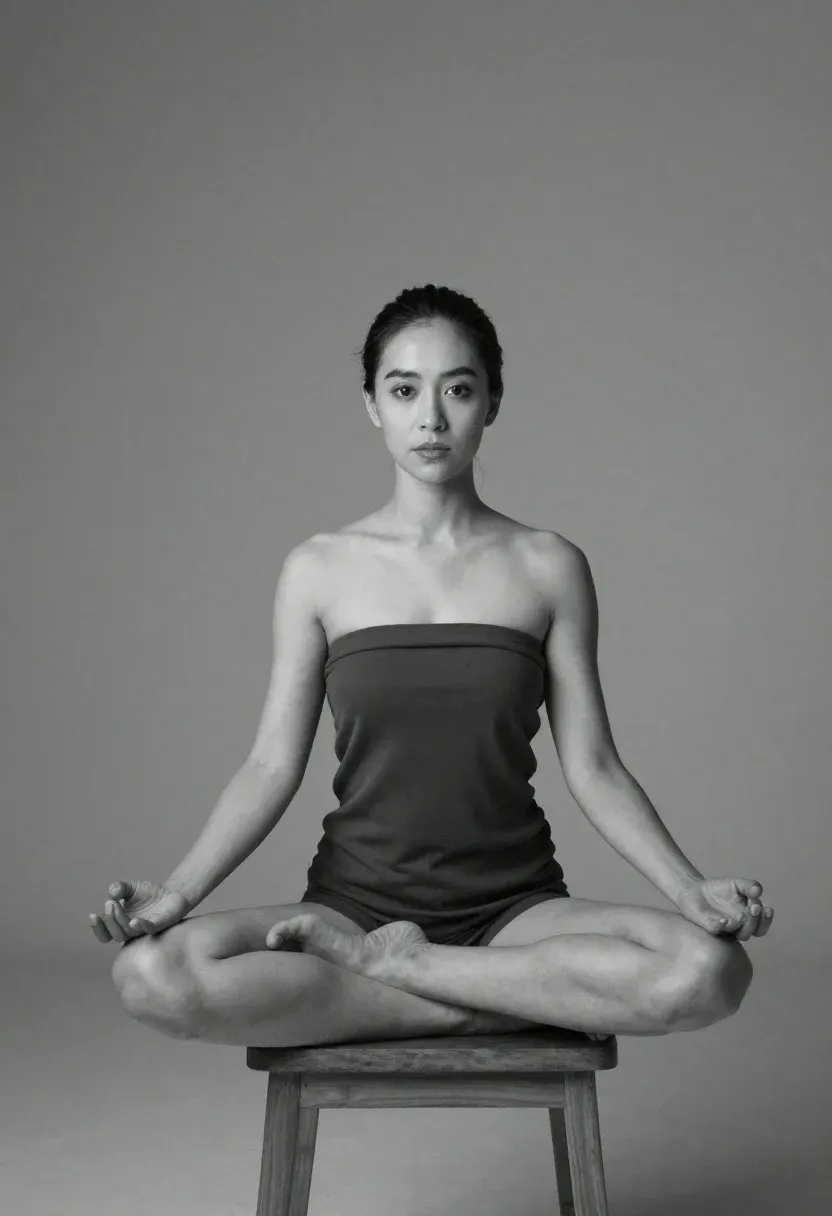 Woman Sits Cross-legged Wooden Stool Meditative Pose Against Plain Gray