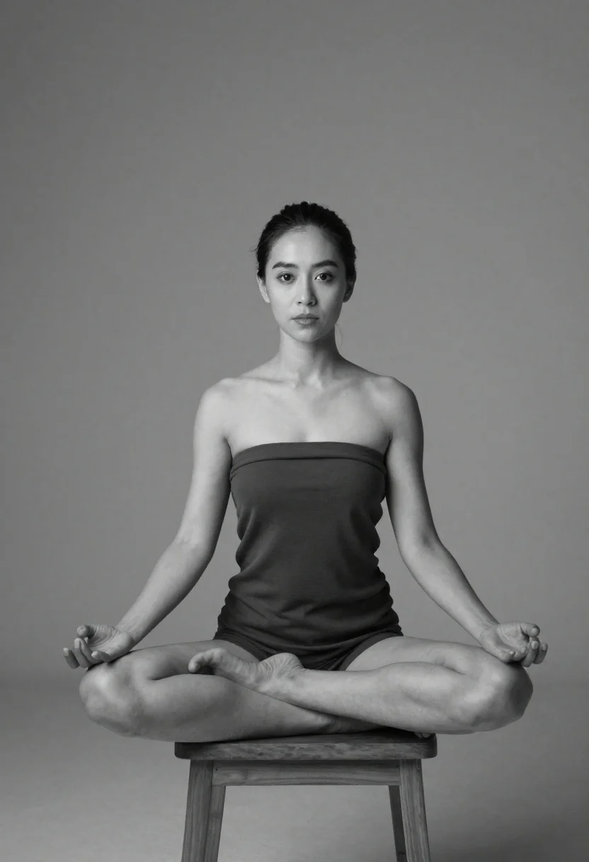 Woman Sits Cross-legged Wooden Stool Meditative Pose Against Plain Gray reference photo