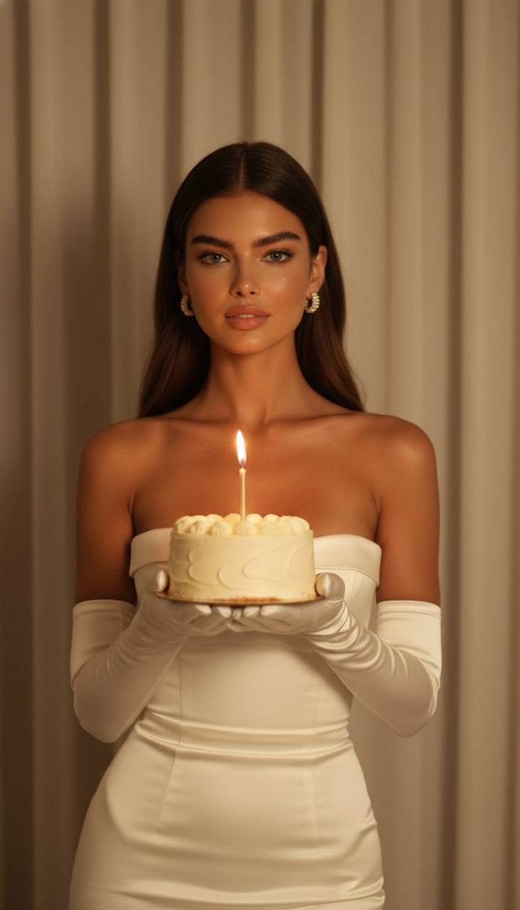 Ultra-realistic close-up of a woman in an ivory dress holding a vanilla cake with a candle, set against soft beige curtains.