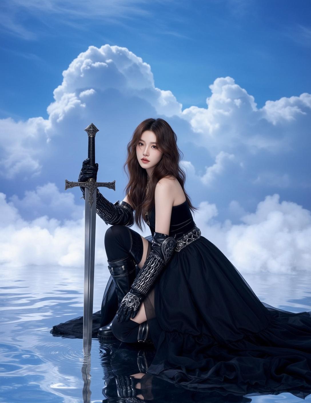 Black Dress Water Sword Pose