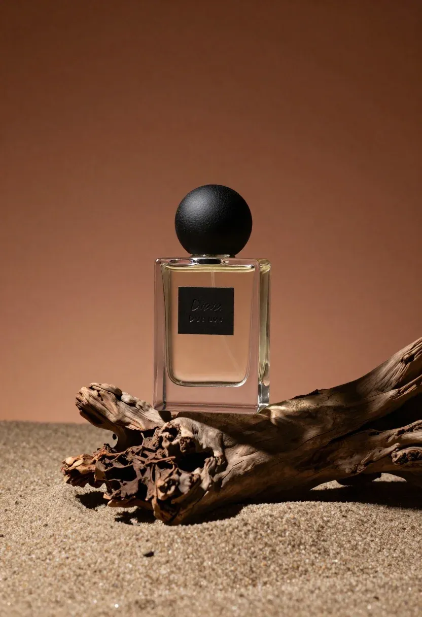 Photorealistic Still Life Product Shot Minimalist Perfume Bottle Resting Rugged