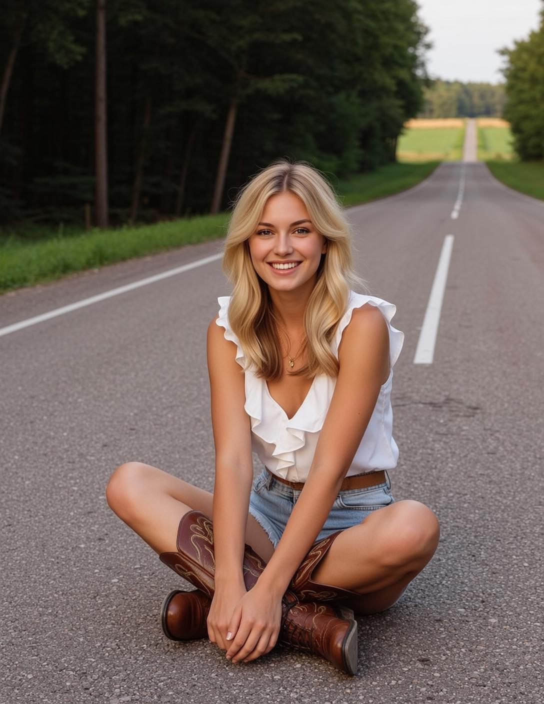 Explore Young Sitting Cross-legged Asphalt Road Facing