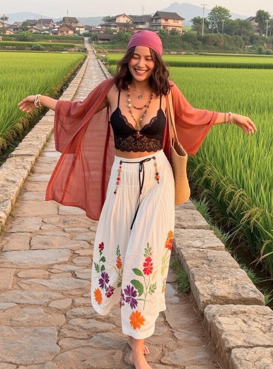 Walking Rice Fields Golden Hour Kimono