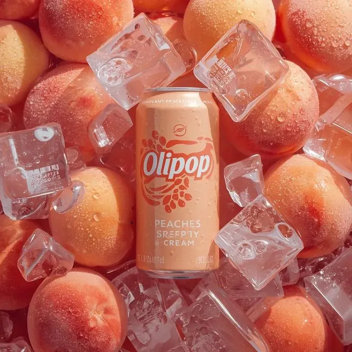 Peach Soda Can With Fresh Peaches And Ice